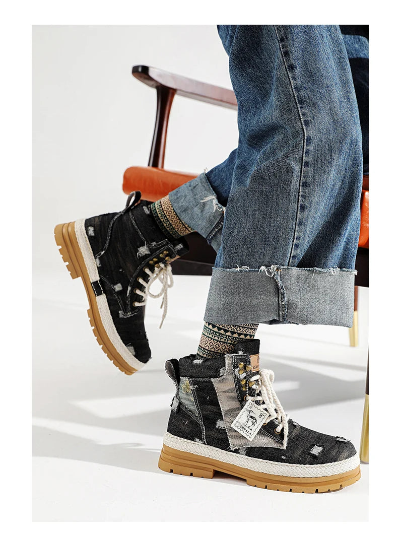 VOIDWEAR SIGNAL_VANISH_07 ☰ men’s black denim and leather ankle boots with lace-up closure, ankle strap, and ritual-inspired streetwear design