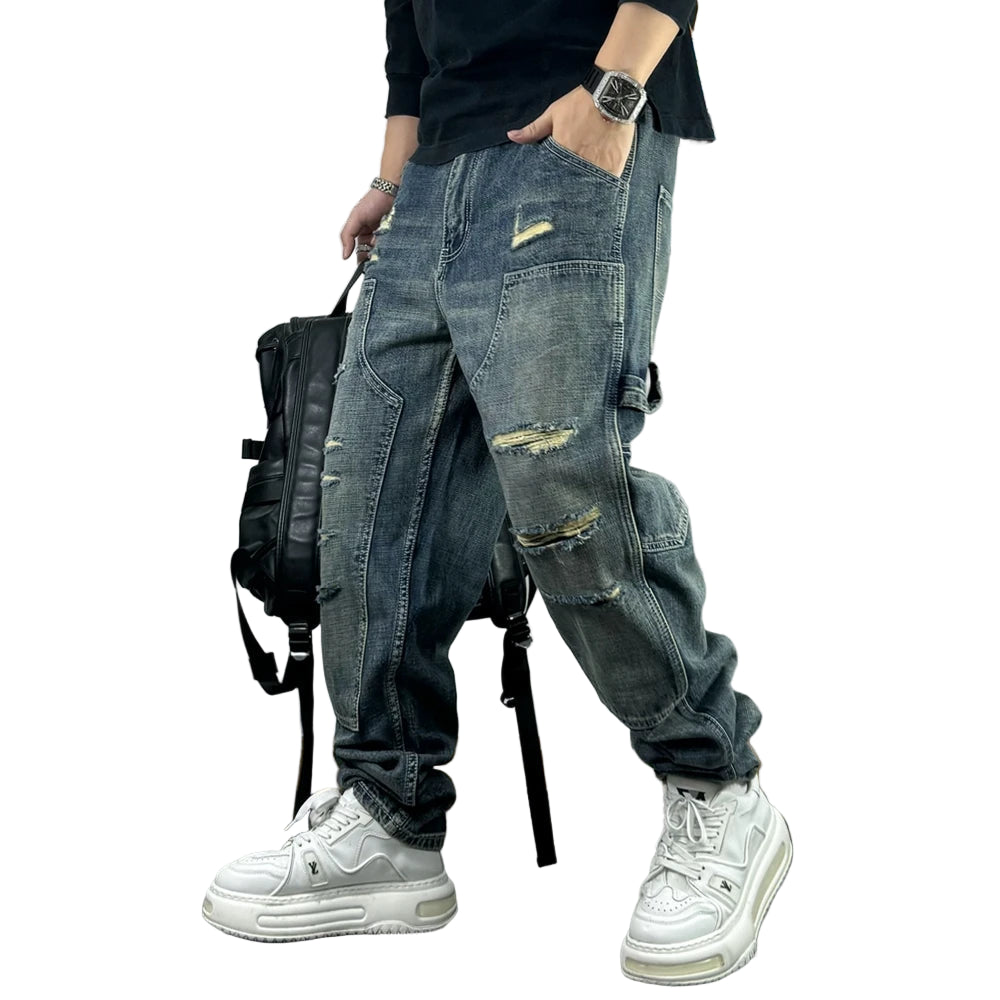 VOIDWEAR VDR_VANISH_05 ☰ ripped patch cargo jeans, distressed midweight denim, loose streetwear silhouette, glyph embroidery
