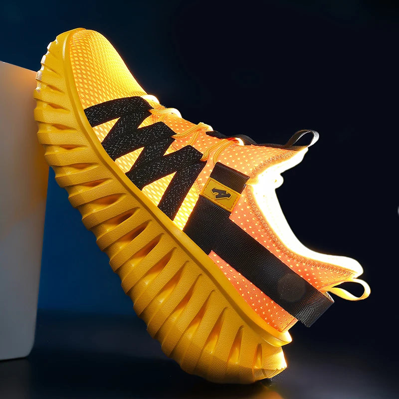VOIDWEAR SIGNAL_RUN_09 ☰ men’s breathable air mesh running shoes with Flywire tech and EVA sole, ritual-inspired streetwear sneakers. Yellow sneaker with black text on a dark background