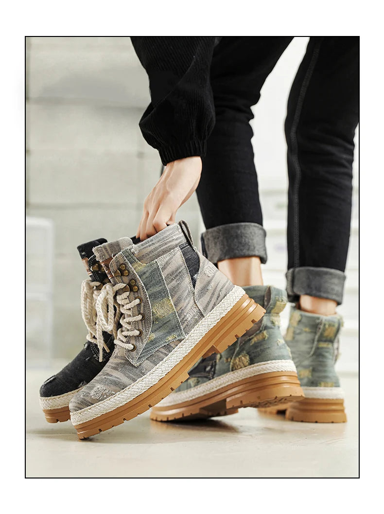 VOIDWEAR SIGNAL_VANISH_07 ☰ men’s black denim and leather ankle boots with lace-up closure, ankle strap, and ritual-inspired streetwear design