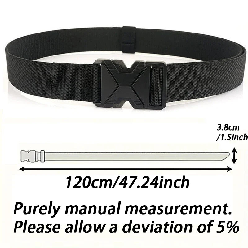 Quick-release canvas belt with signal glyph buckle and vanish-system edge print for minimalist streetwear utility
