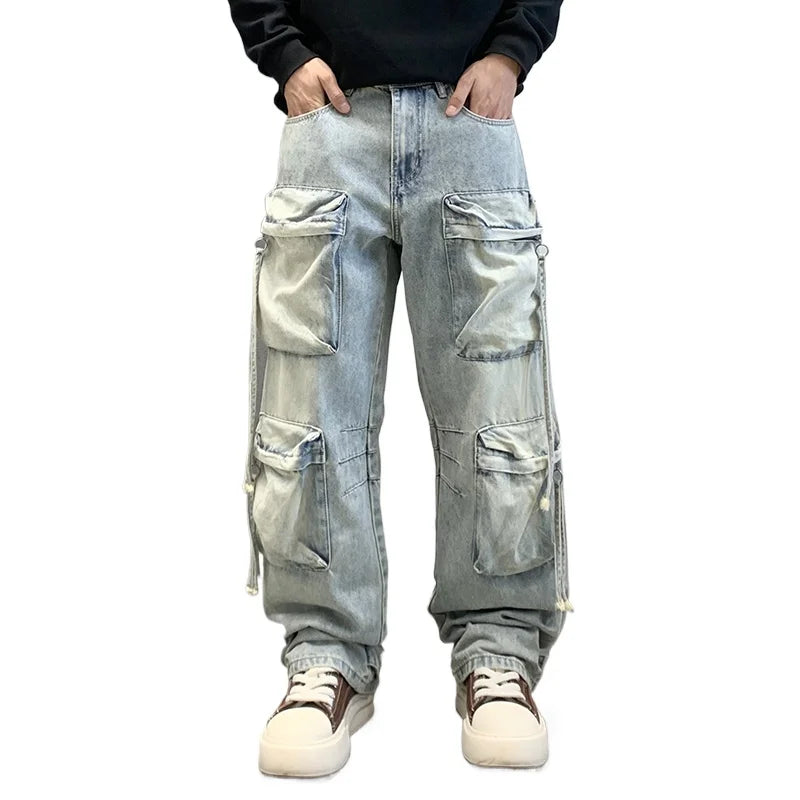VOIDWEAR SIGNAL_CITY_09 ☰ cargo denim worn in Tokyo side street, multi-pocket structure visible under urban light.