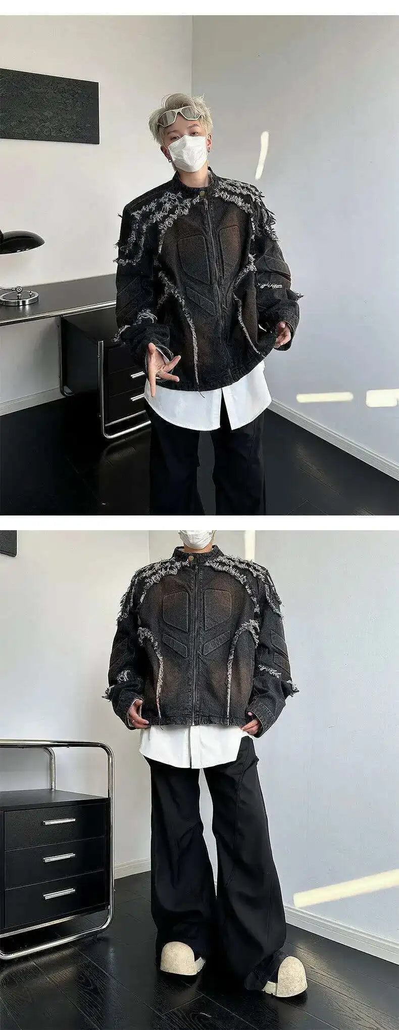 VOIDWEAR VDR//VANISH_05 denim motorcycle jacket with tassel shoulders and ritual glyph embroidery, styled for U.S. and EU streetwear culture.