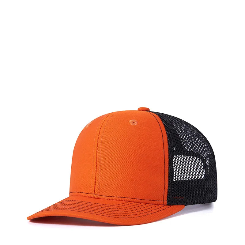 Unisex camouflage cotton dome cap with wide brim and adjustable strap, vanish-core streetwear hat by VOIDWEAR. Orange and black cap with mesh back on a white background
