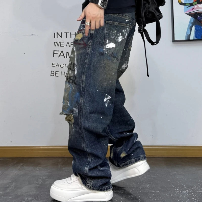 VOIDWEAR VDR_VANISH_05 ☰ graffiti baggy jeans, distressed wash, hand-drawn glyph motifs, loose straight-leg streetwear denim