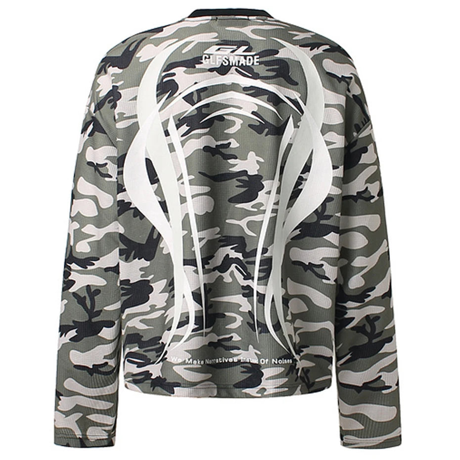 VOIDWEAR oversized camo tee with glyph and vanish-mode hood, 100% cotton, streetwear long sleeve