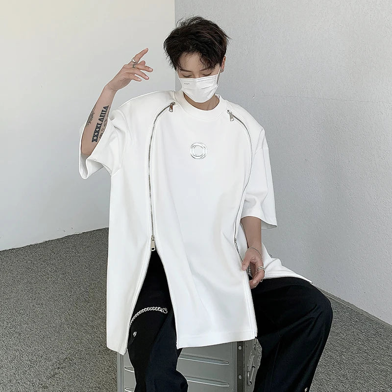 VOIDWEAR SIGNAL_07 padded shoulder oversized tee, double zipper streetwear, ritual-coded glyph sleeve