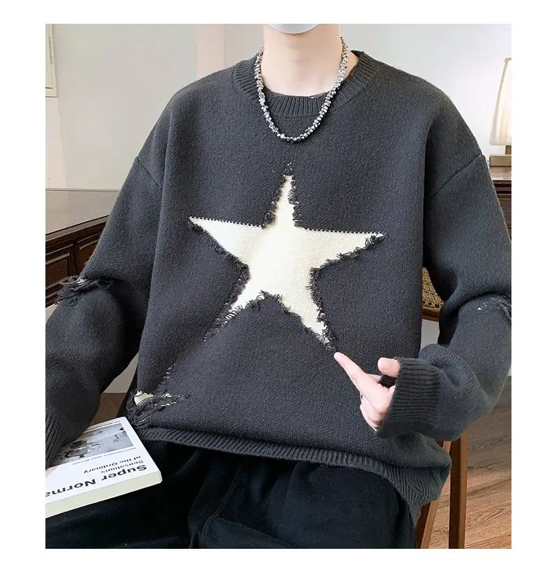 VOIDWEAR SIGNAL_AETHER_07 ☰ five-star knit sweater worn in Tokyo night street; geometric pattern glowing under neon light