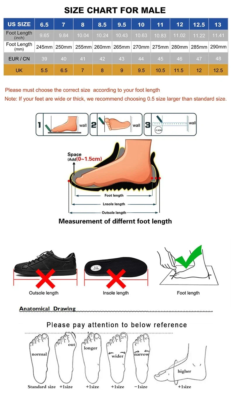 Size chart for male shoes with measurements and foot length guide.