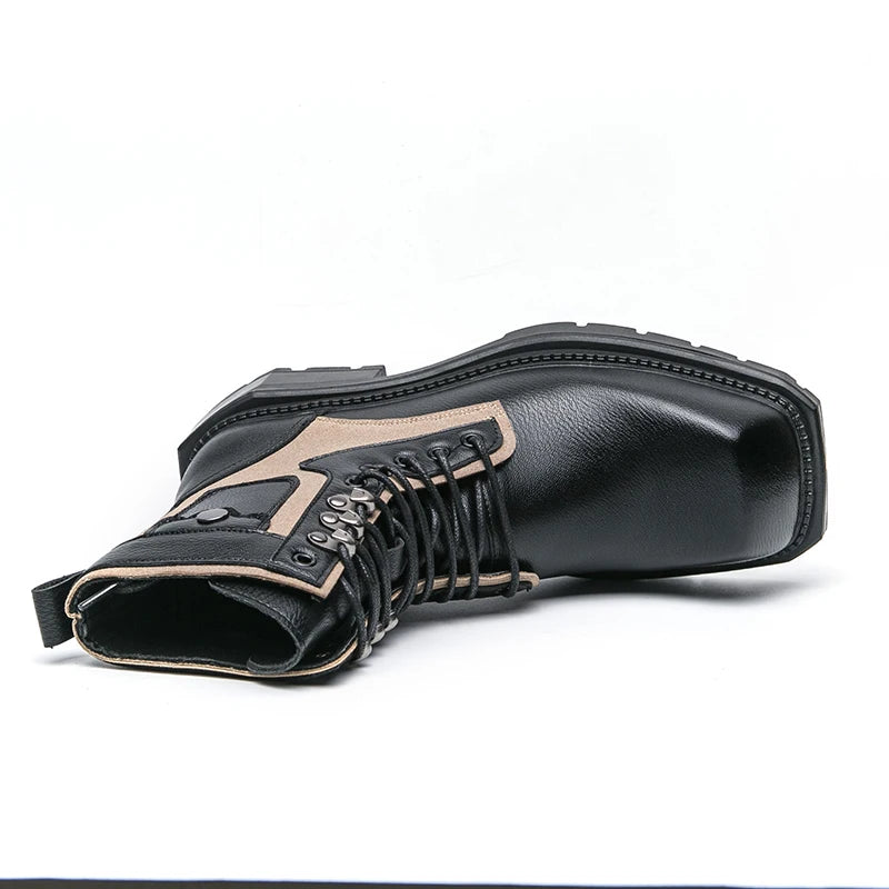 Black leather boot with beige accents on a white background