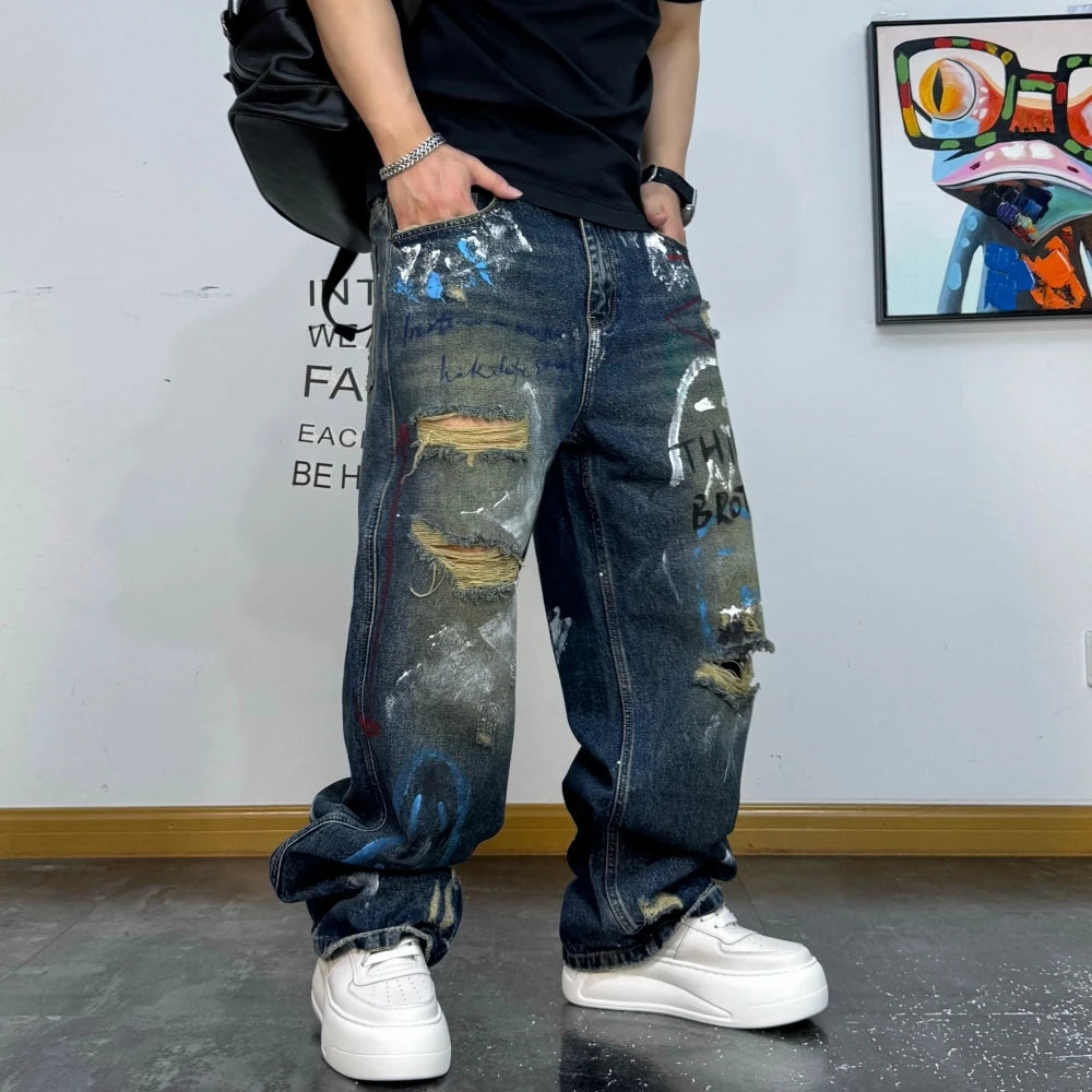 VOIDWEAR VDR_VANISH_05 ☰ graffiti baggy jeans, distressed wash, hand-drawn glyph motifs, loose straight-leg streetwear denim