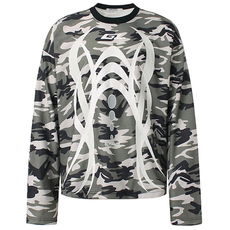 VOIDWEAR oversized camo tee with glyph and vanish-mode hood, 100% cotton, streetwear long sleeve