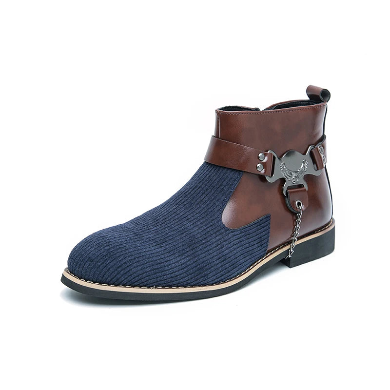 Blue ankle boot with brown strap and silver buckle on a white background, VOIDWEAR SIGNAL_VANISH_11 ☰ split leather ankle casual shoes with side-zip closure, breathable construction, and ritual-inspired minimalist design
