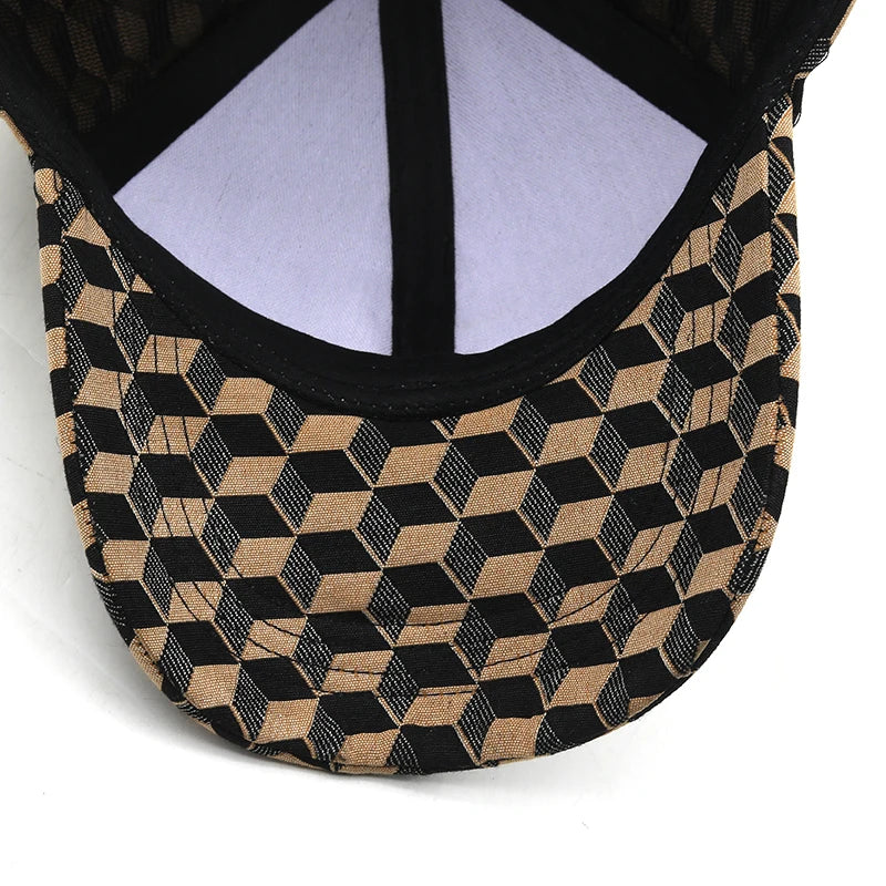 VOIDWEAR SIGNAL_CAP_11 ☰ washed cotton streetwear baseball cap with embroidered glyph and adjustable strap, unisex ritual-inspired headwear. Close-up of a geometric patterned cap on a white background