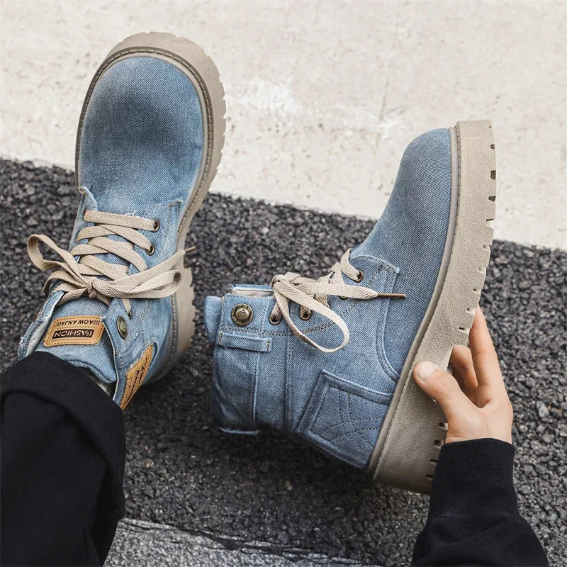 VOIDWEAR SIGNAL_VANISH_12 ☰ handmade men’s denim ankle boots with lace-up closure, pigskin insole, and shadow-coded streetwear design
