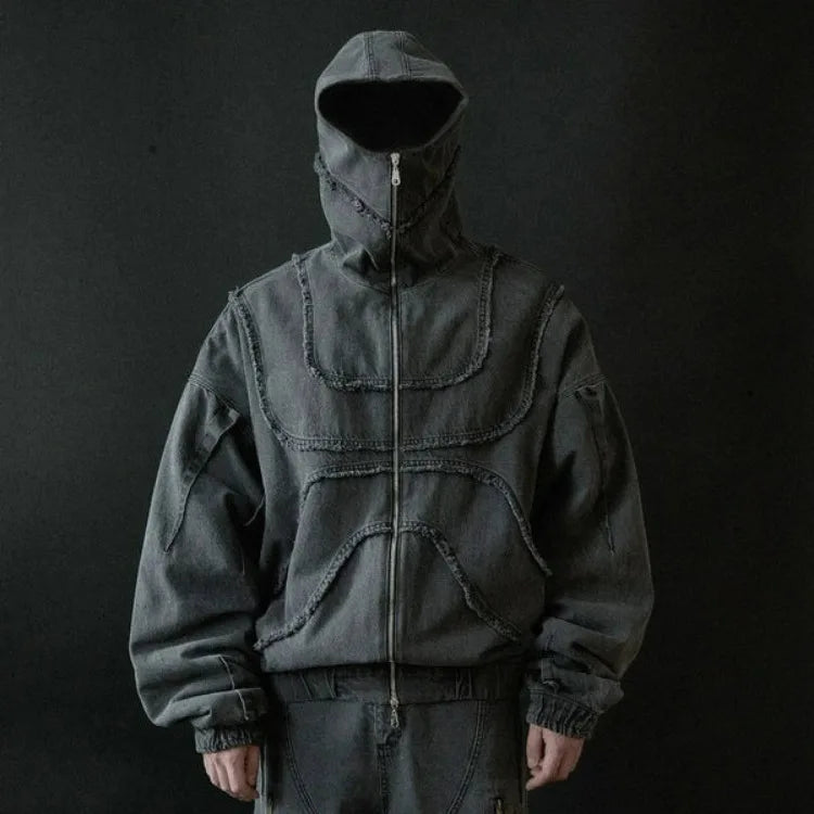 VOIDWEAR SIGNAL_VANISH_05 ☰ hoodie shown worn in New York summer alleyway, signal glyph visible on left sleeve.