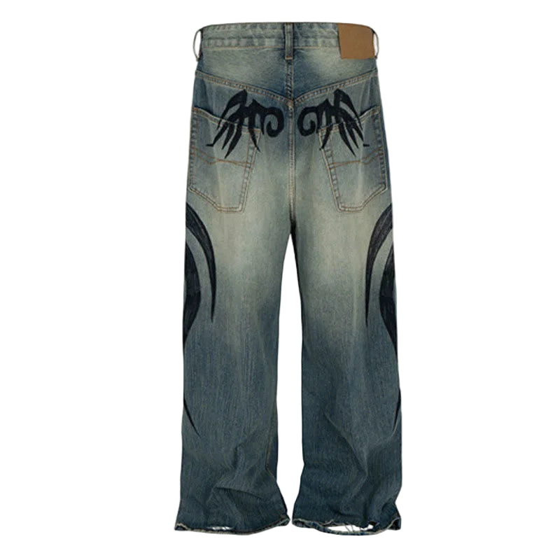VOIDWEAR CODE_DISTRESS_09 ☰ distressed denim jeans with digital print texture, photographed on Hong Kong night street with neon reflection