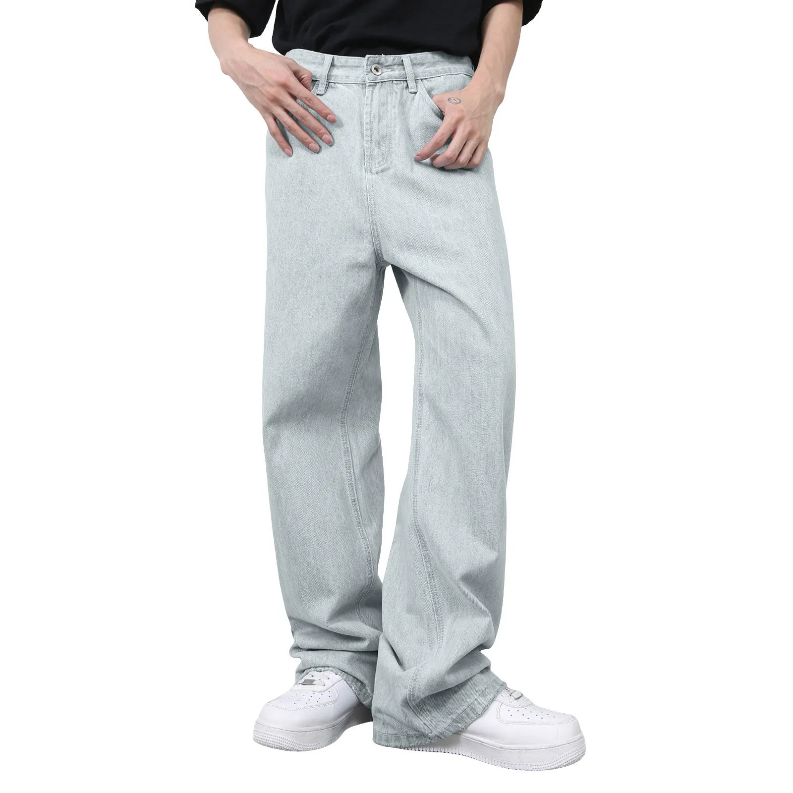 VOIDWEAR VDR_VANISH_01 ☰ hybrid overalls-style baggy jeans, distressed light denim, glyph tab signal detailing, streetwear silhouette