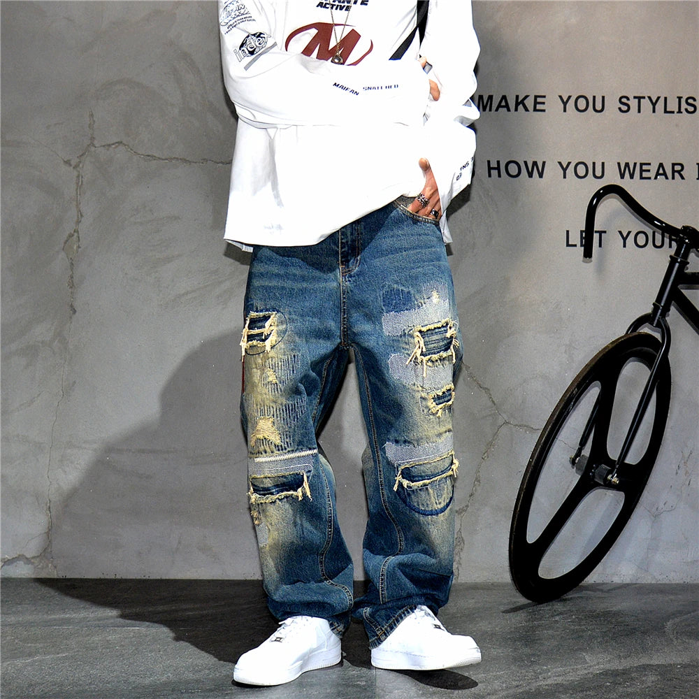 VOIDWEAR VDR_VANISH_05 ☰ baggy ripped patch jeans with distress wash, hip hop fit, ritual-coded glyph embroidery