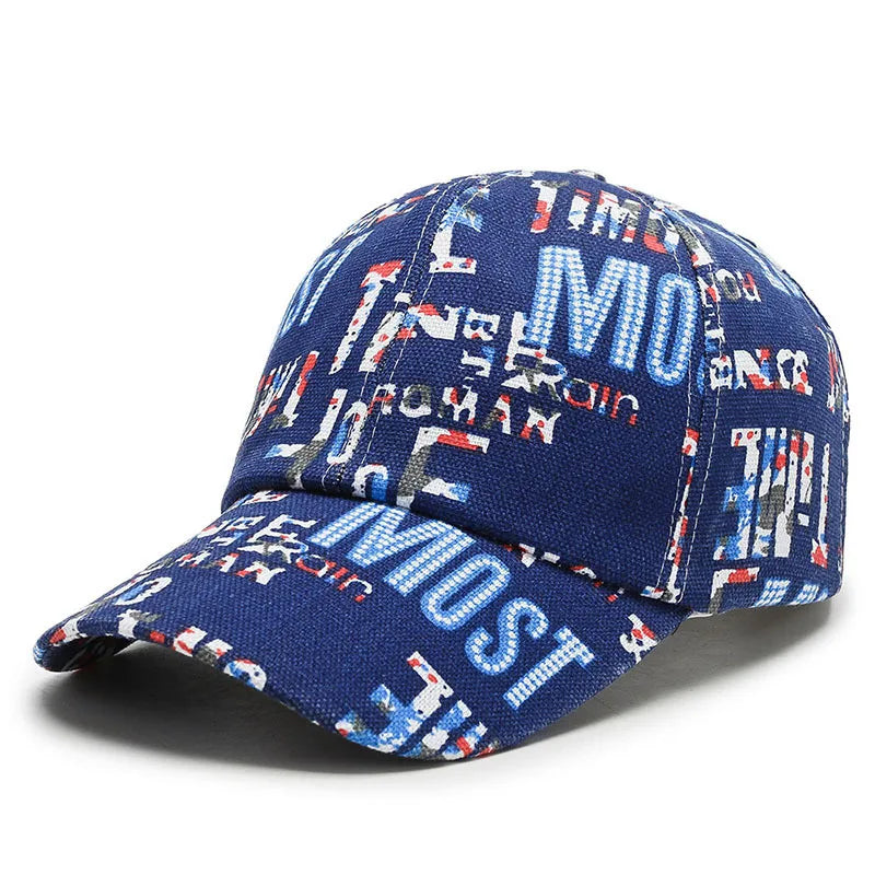 VOIDWEAR Ritual-Inspired Streetwear. Blue cap with multicolor text pattern on a white background