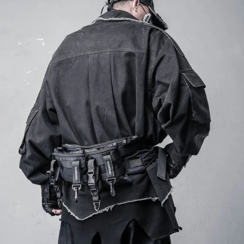 VOIDWEAR VDR_SYSTEM_09 Shadow Jacket — oversized safari-style techwear coat with layered two-piece illusion and ritual-inspired detailing