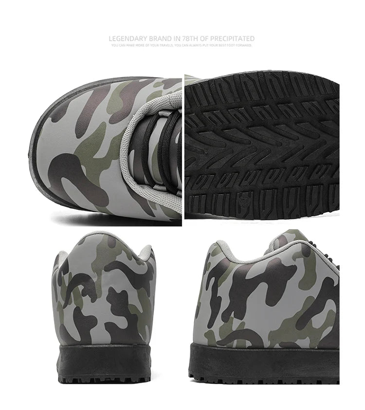 Camouflage-patterned sneaker with detailed views of sole and side profile on a white background.