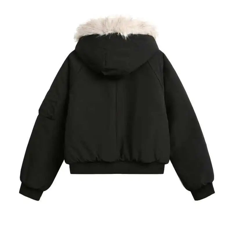 VOIDWEAR VDR_VANISH_05 brown padded fur hooded jacket, oversized unisex winter streetwear system, vanish mode ritual coat, U.S. & EU streetwear trend 2025. Black jacket with white fur hood on a white background