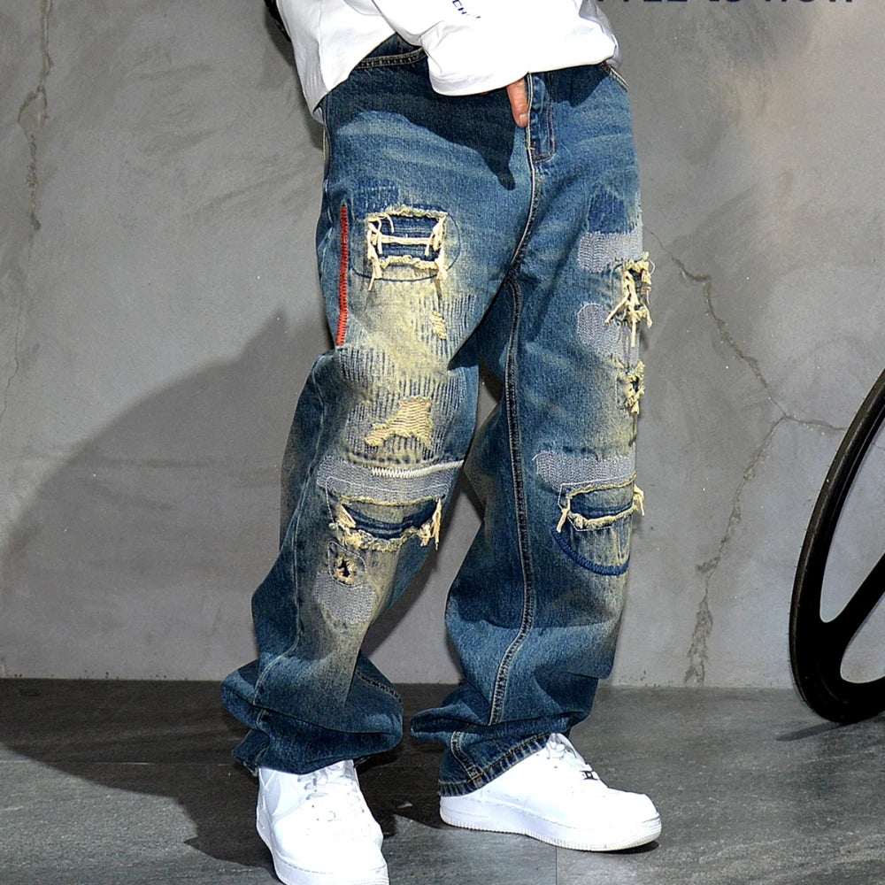 VOIDWEAR VDR_VANISH_05 ☰ baggy ripped patch jeans with distress wash, hip hop fit, ritual-coded glyph embroidery