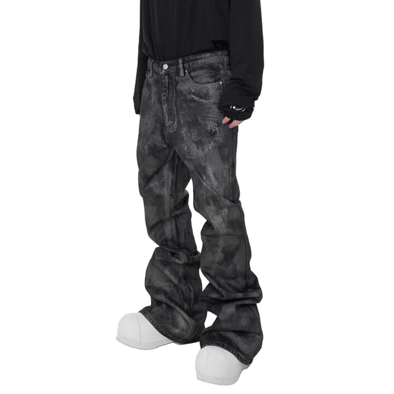 VOIDWEAR SIGNAL-FLARE_05 ☰ waxed black flare denim, symbolic coded jeans – men’s streetwear Europe & USA