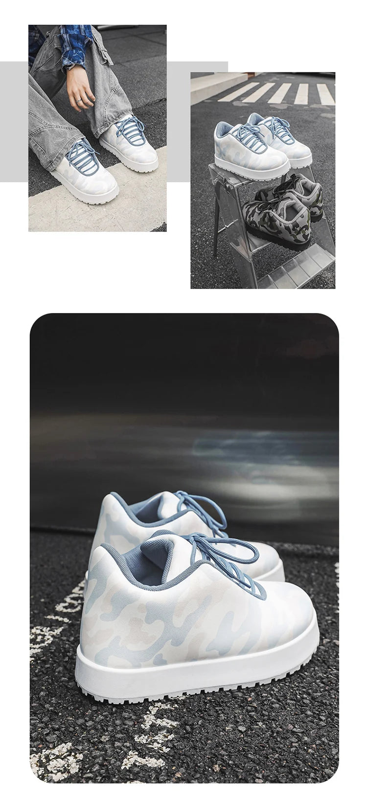 White sneakers with blue accents on a dark background. VOIDWEAR CODE_SYSTEM_07 ⚔️ chunky sneaker-style boots shown on a city street in winter, highlighting the microfiber leather upper and thick platform sole.