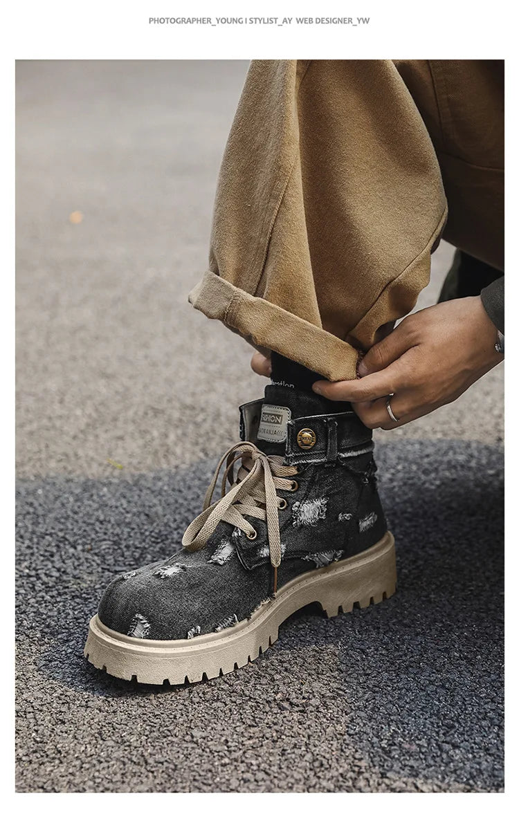 VOIDWEAR SIGNAL_VANISH_12 ☰ men’s denim ankle boots with lace-up closure, EVA insole, rubber outsole, ritual-inspired streetwear design