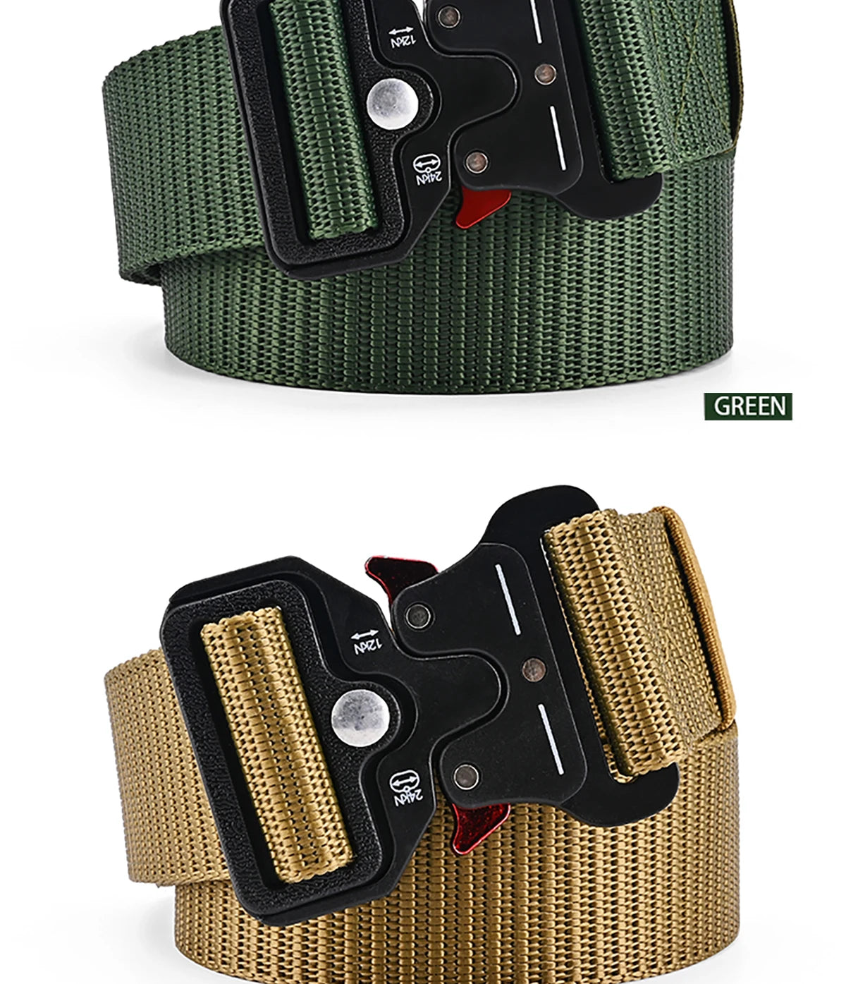 Green and tan tactical belts with black buckles on a white background. Polyester-canvas street belt with motion-phase buckle and vanish-glyph edge design, built for urban and tactical versatility