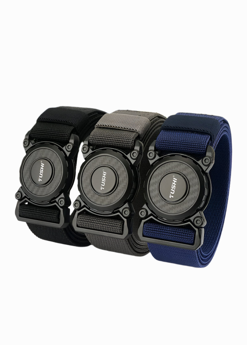 Three belts in black, gray, and blue with Vatlty logo and camping-themed icons below. VOIDWEAR SIGNAL_ROTATE_75 zinc alloy rotating clasp tactical streetwear belt with elastic polyester strap for urban and outdoor adaptability