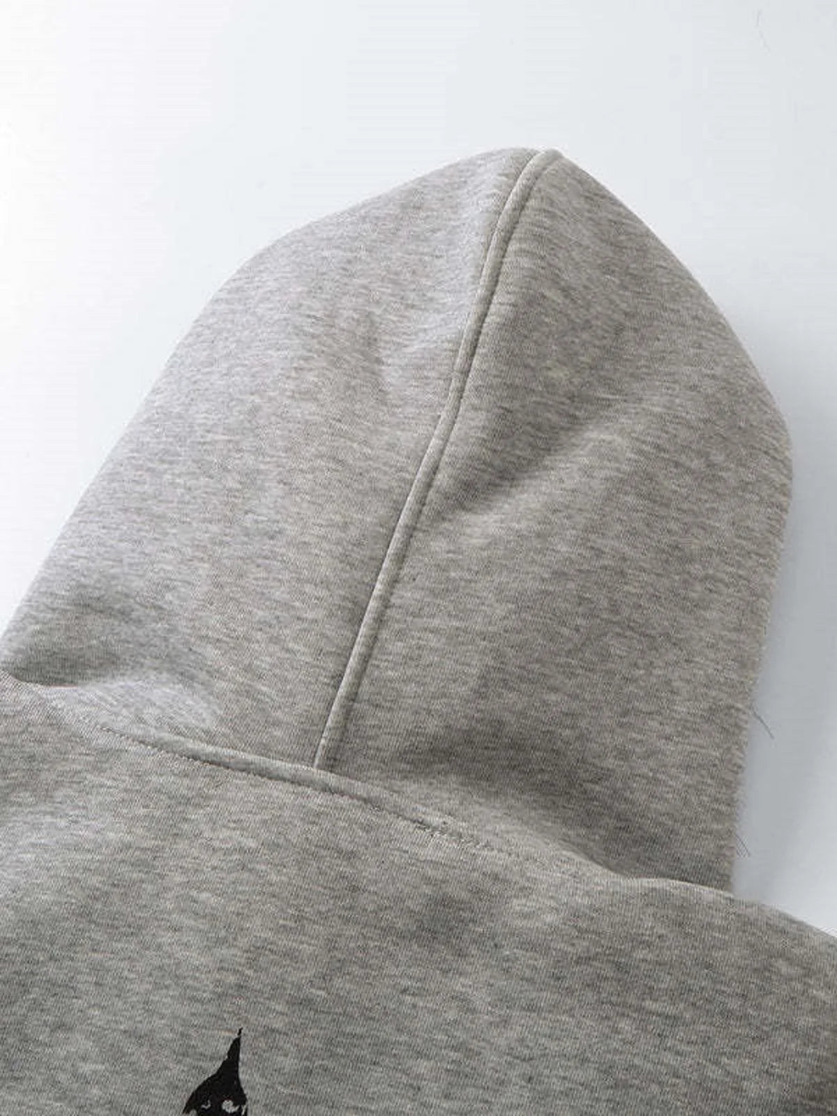 VOIDWEAR VDR05_SILENCE brown tie-dye hoodie with fur collar and embroidered signal glyph, oversized unisex Harajuku streetwear, mid-weight 180gsm — U.S. & EU winter style. Gray hoodie with a small black logo on a white background