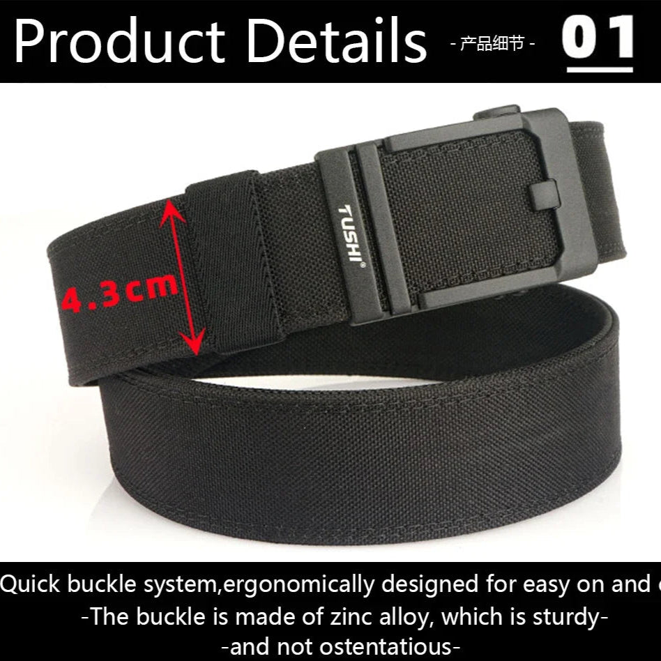Flat lay of Voidwear tactical belt highlighting double-layer canvas and buckle dimensions