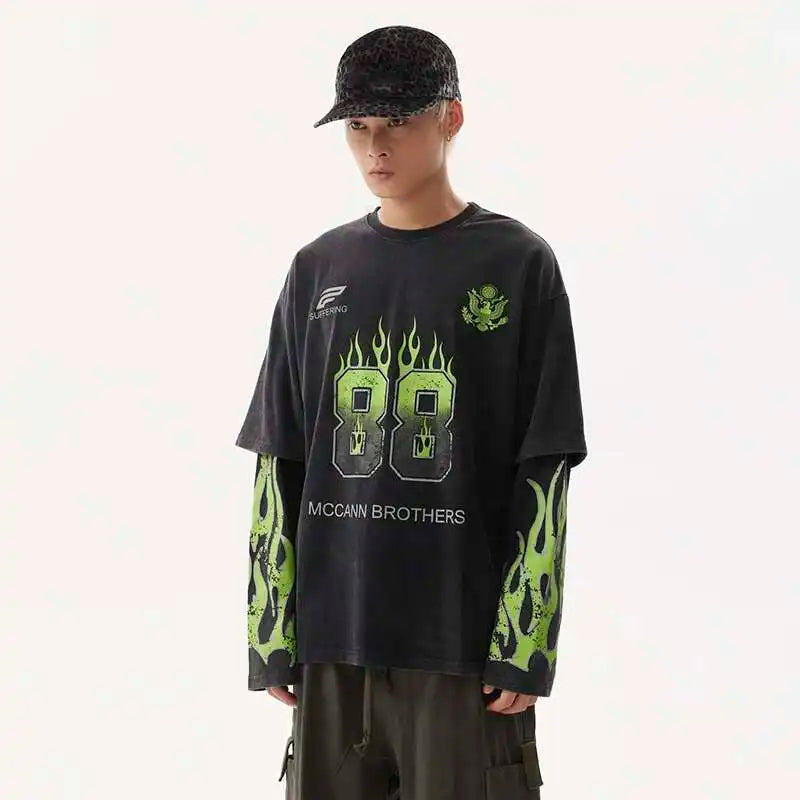 VOIDWEAR VDR_SIGNAL_28W5039 ☰ washed long sleeve, fake two-piece layered shirt, ritual-coded glyph design