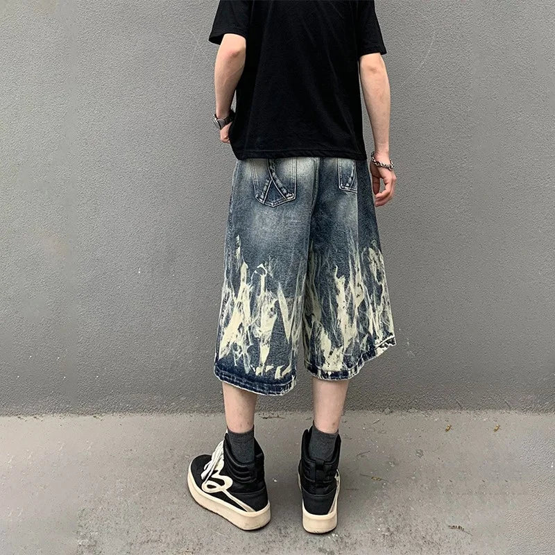 VOIDWEAR VDR_VANISH_08 Flare flame graphic baggy denim shorts, washed Y2K streetwear style, patch pockets, signal glyph