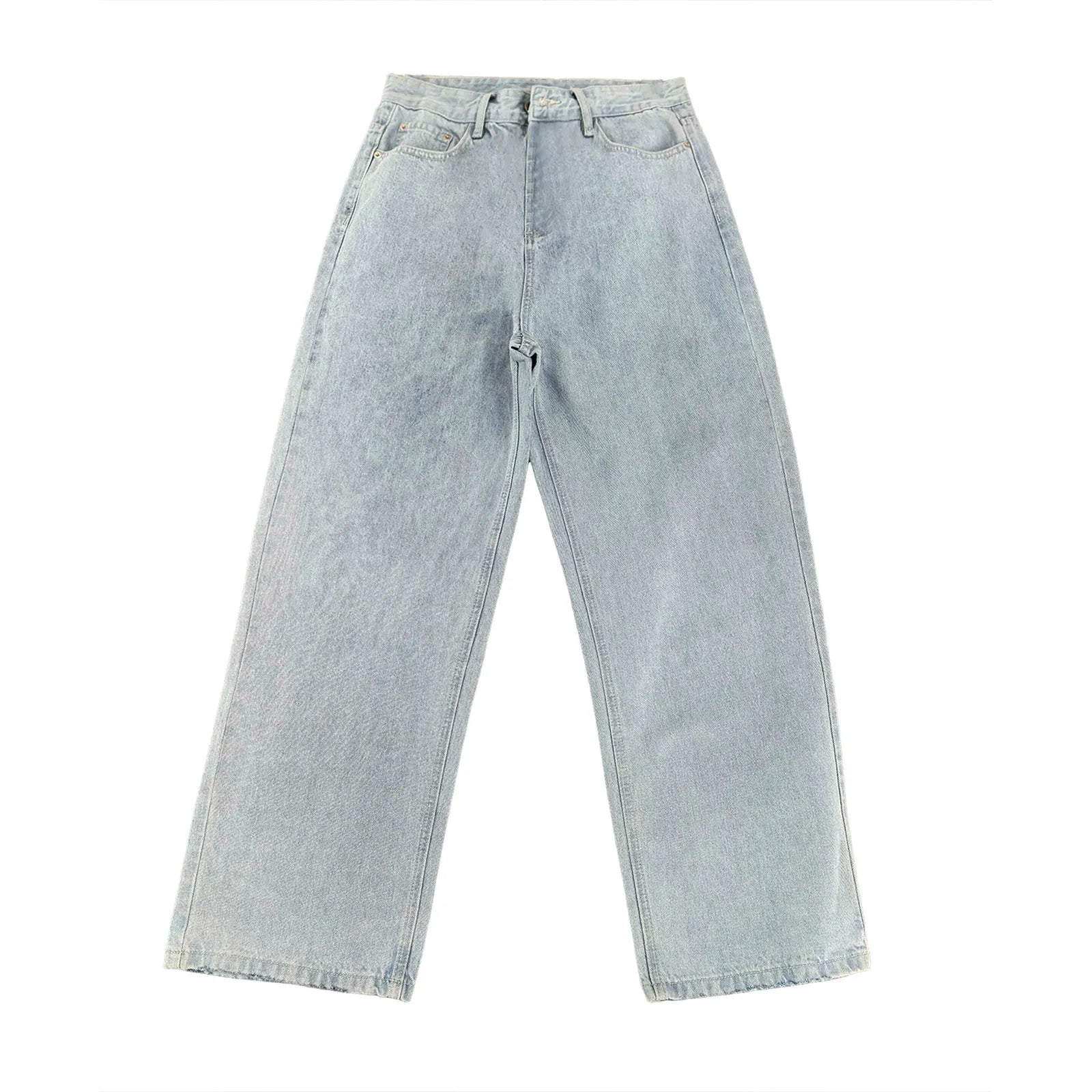 VOIDWEAR VDR_VANISH_01 ☰ hybrid overalls-style baggy jeans, distressed light denim, glyph tab signal detailing, streetwear silhouette