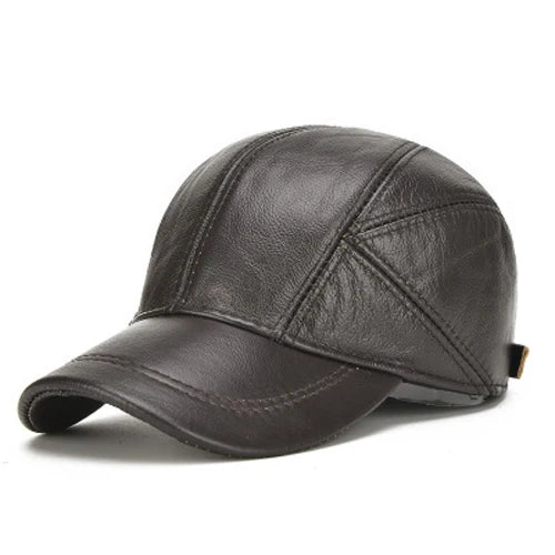 VOIDWEAR SIGNAL_VANISH_07 real cowhide leather earflap cap with adjustable visor, designed as ritual-inspired streetwear for urban shadow gear. Brown leather cap on a white background