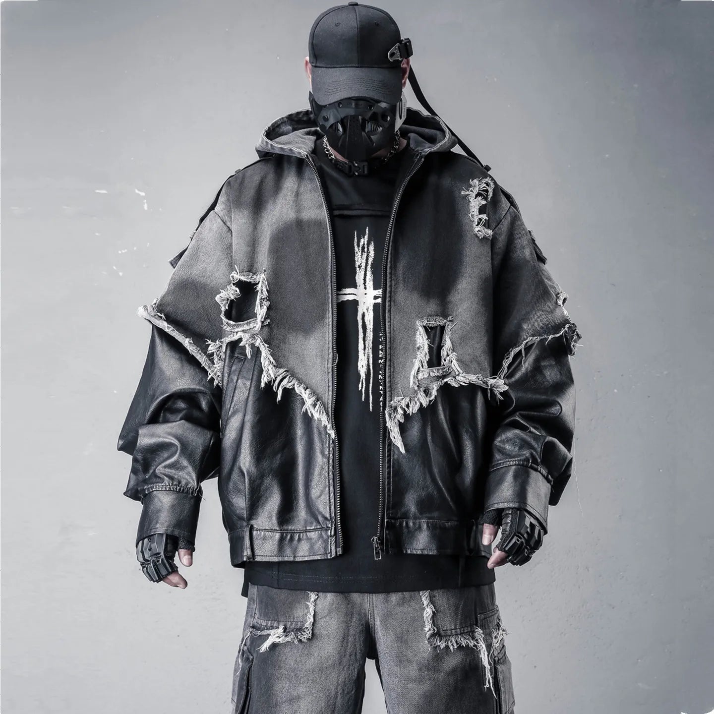 VOIDWEAR VDR_VANISH_05 jacket — ritual-inspired denim and PU leather techwear with vanish-mode hood and shadow-motion design