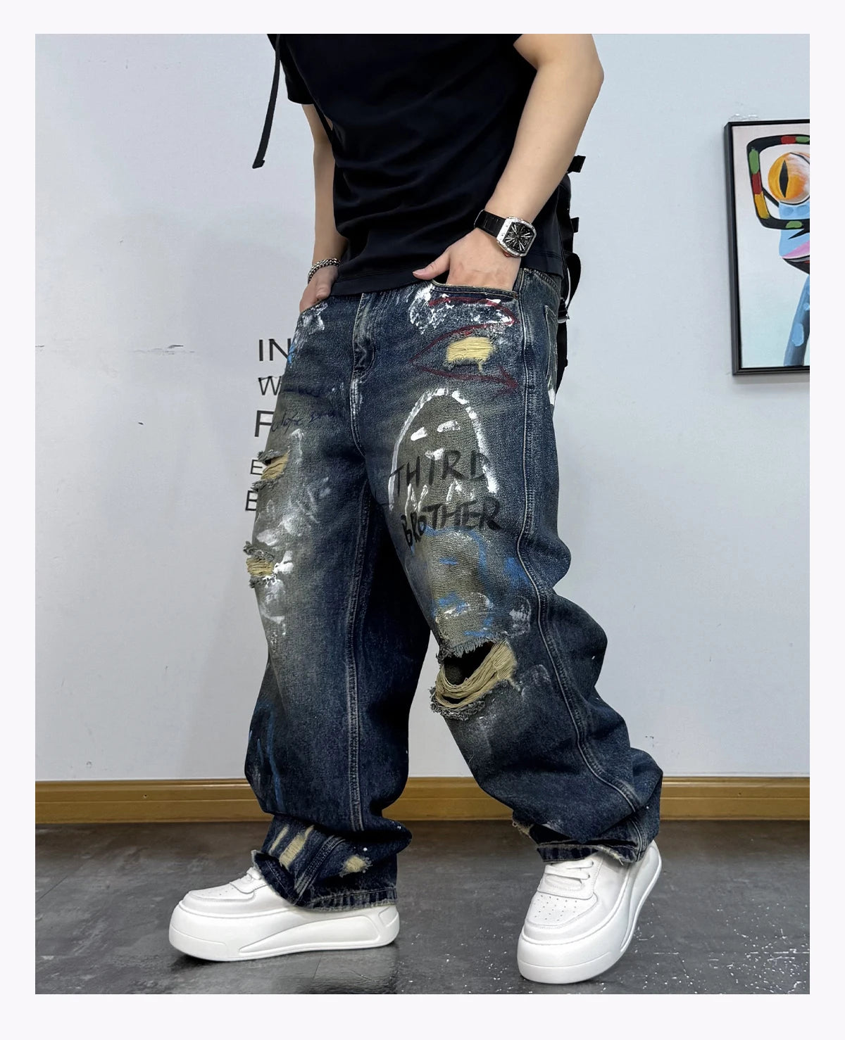 VOIDWEAR VDR_VANISH_05 ☰ graffiti baggy jeans, distressed wash, hand-drawn glyph motifs, loose straight-leg streetwear denim