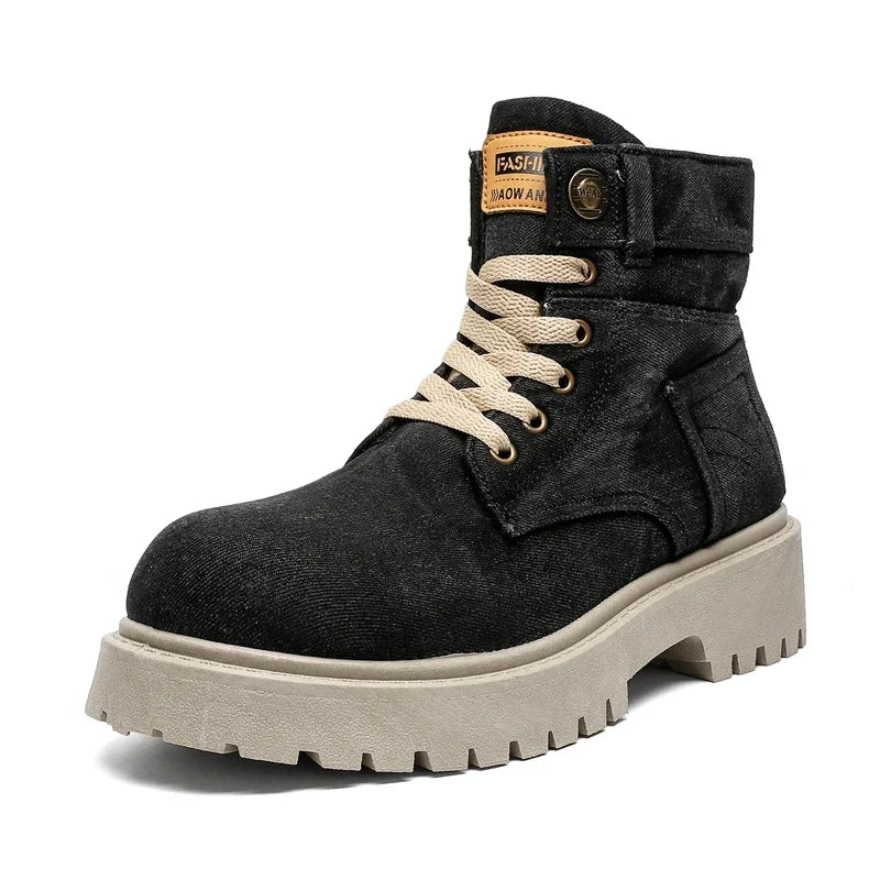 VOIDWEAR SIGNAL_VANISH_12 ☰ handmade men’s denim ankle boots with lace-up closure, pigskin insole, and shadow-coded streetwear design. Black boot with beige sole on a white background