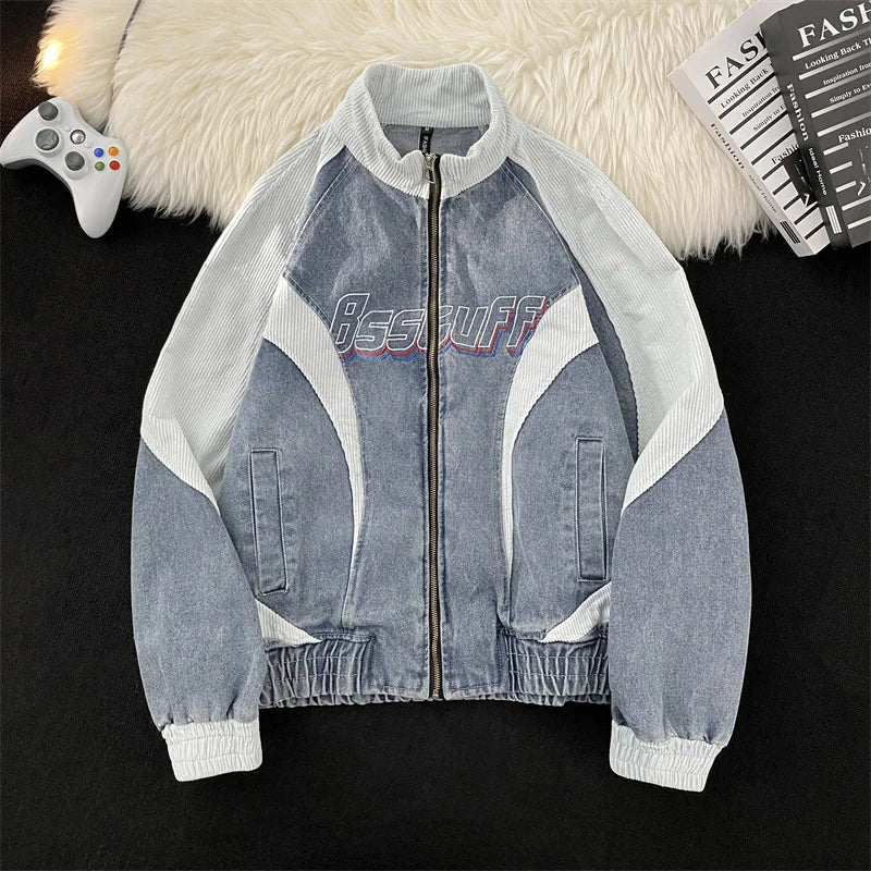 VOIDWEAR VDR_VANISH_PATCH ⚑ patchwork denim bomber jacket with glyph embroidery, worn-out texture, streetwear outerwear