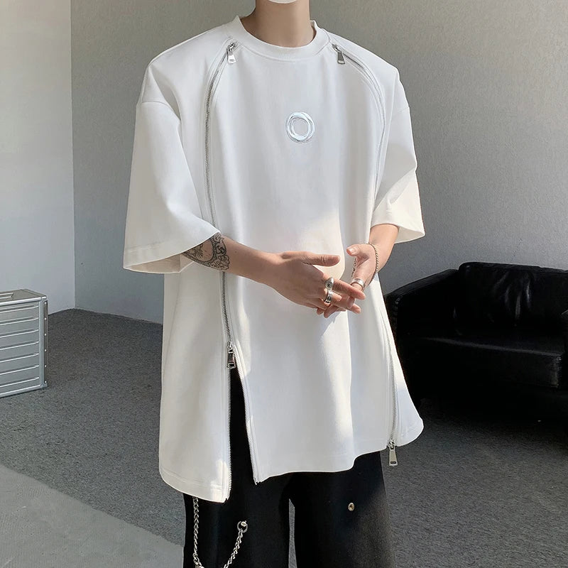VOIDWEAR SIGNAL_07 padded shoulder oversized tee, double zipper streetwear, ritual-coded glyph sleeve