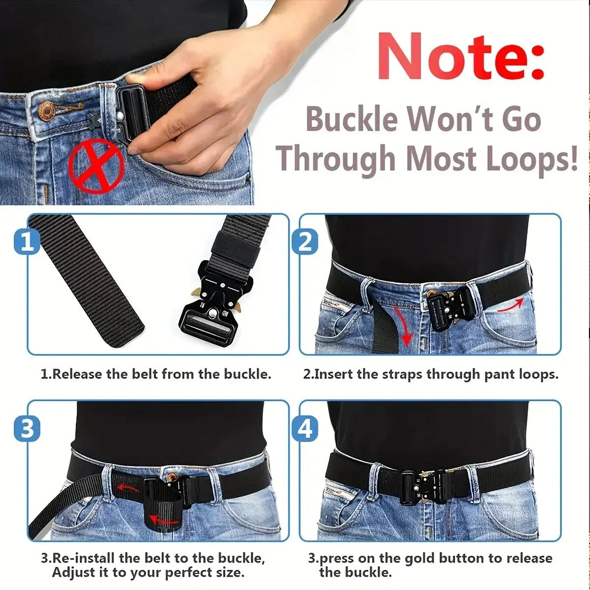 Instructions on how to use a belt with a buckle that doesn't go through loops.