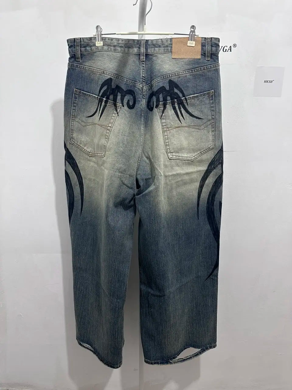 VOIDWEAR CODE_DISTRESS_09 ☰ distressed denim jeans with digital print texture, photographed on Hong Kong night street with neon reflection