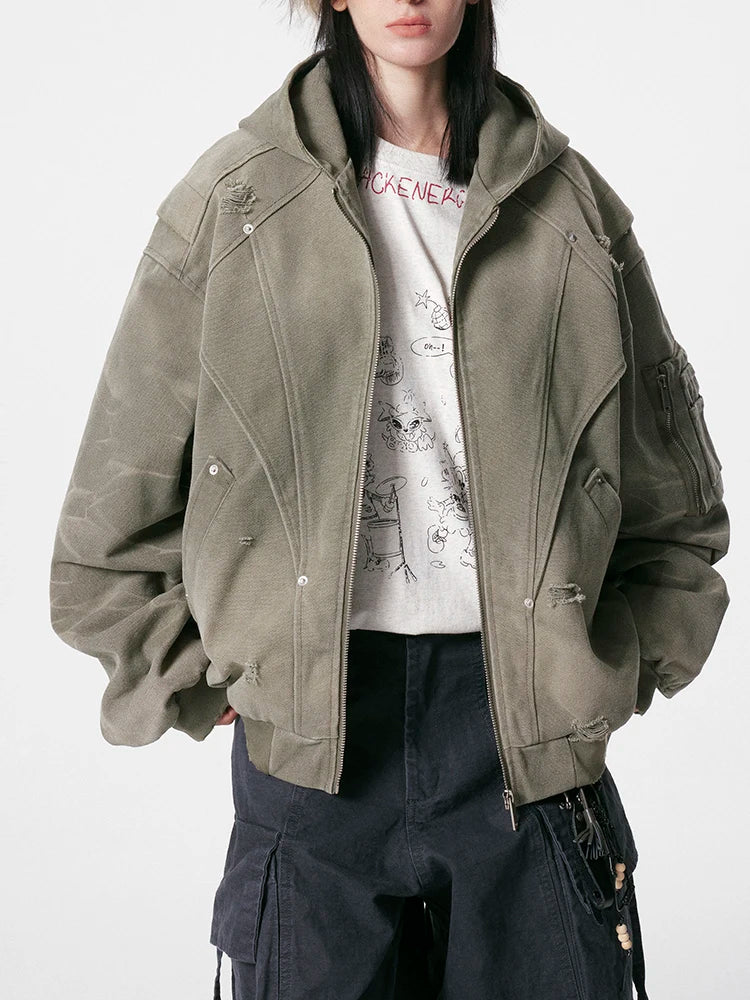 VOIDWEAR VDR_SIGNAL_07 ritual-coded autumn men’s jacket with washed worn-out finish, deconstruction holes, and sleeve glyph