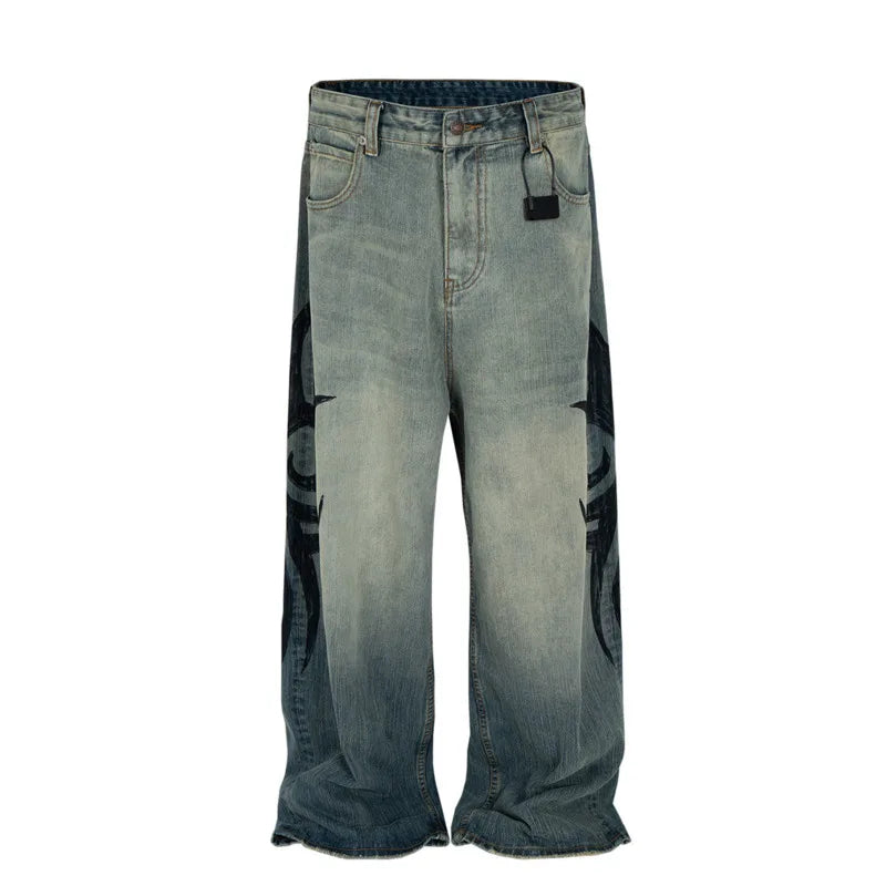 VOIDWEAR CODE_DISTRESS_09 ☰ distressed denim jeans with digital print texture, photographed on Hong Kong night street with neon reflection