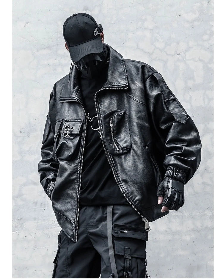 VOIDWEAR VDR_VANISH_09 multi-pocket PU leather tactical jacket in punk techwear style, autumn/winter streetwear silhouette