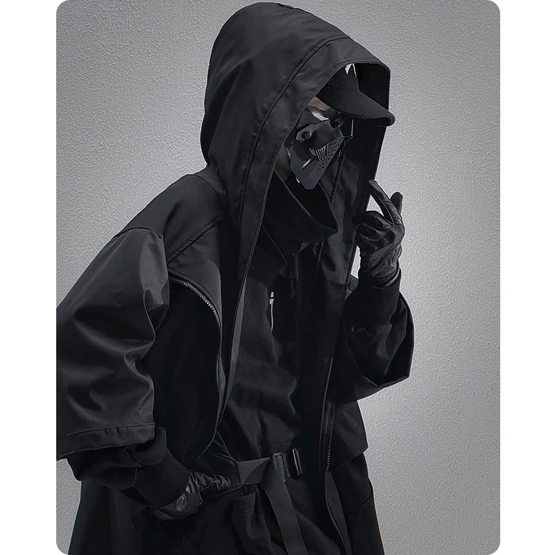 A male model in the Voidwear SIGNAL_VANISH_05 ☰, a minimalist and conceptual mid-sleeved hooded trench coat designed for stylish urban wear in the US and EU.